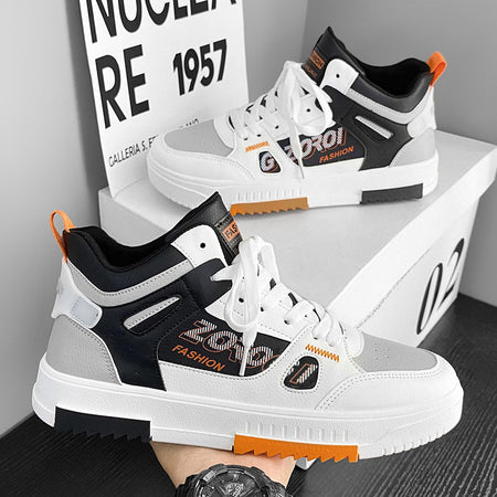 Black Men's High-Top Casual Sneakers Breathable Lace-Up White Shoes