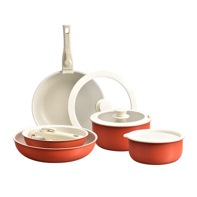 Orchid Bud 6-Piece Removable Handle Nonstick Cookware Set Maifan Stone Wok Set
