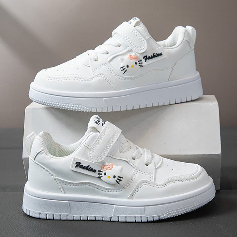 Girls Cartoon White Sneakers Soft Sole Velcro Casual Shoes