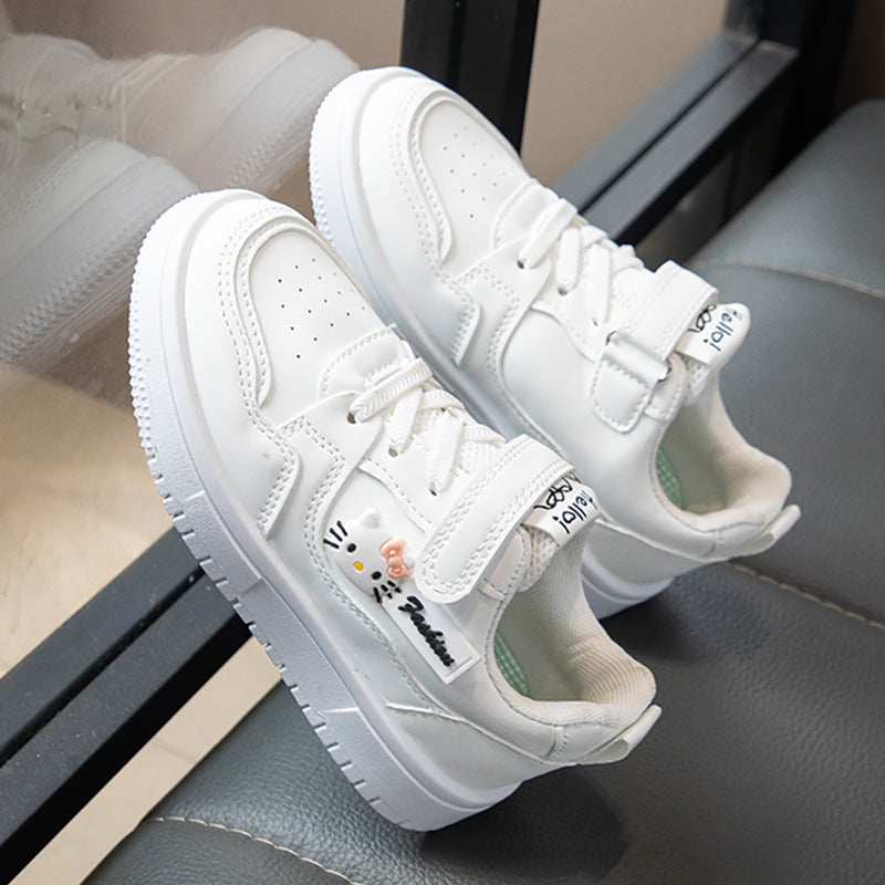 Girls Cartoon White Sneakers Soft Sole Velcro Casual Shoes