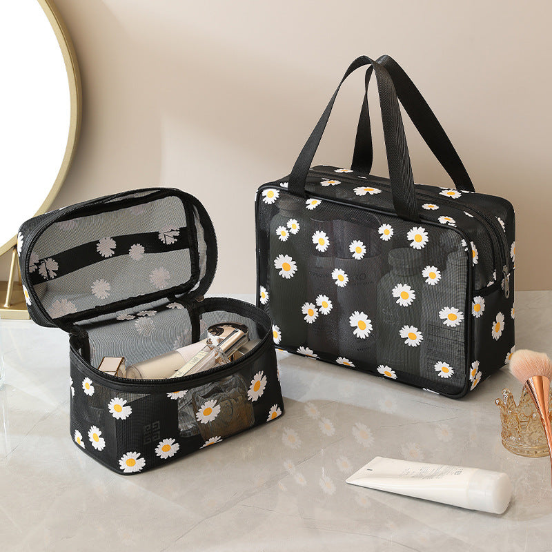 Beige Women's Daisy Mesh Cosmetic Bag Large Capacity Travel Storage Pouch