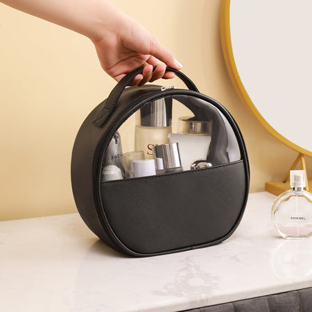 Black Women's Semi-Circle PU Cosmetic Bag Waterproof Travel Organizer