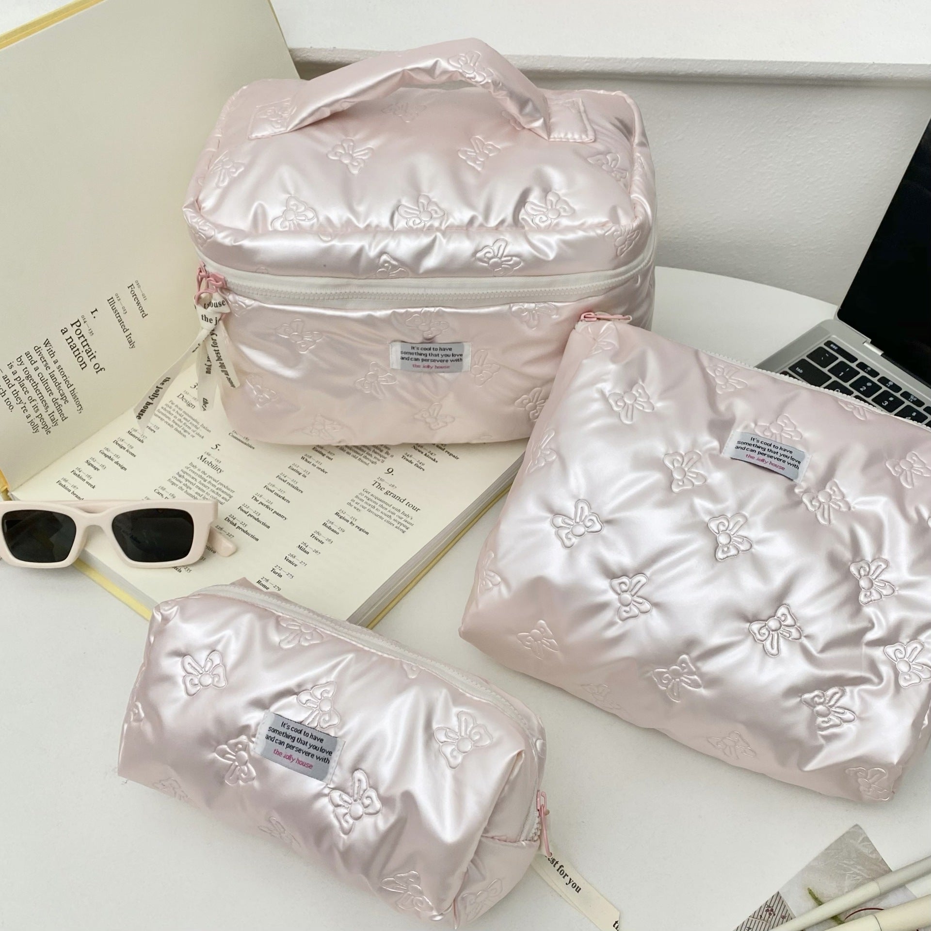 Pink Women's Bow Cosmetic Bag Large Capacity Portable Toiletry Pouch