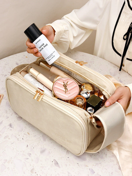 Beige Double Zipper Cosmetic Bag Large Capacity Travel Toiletry Organizer