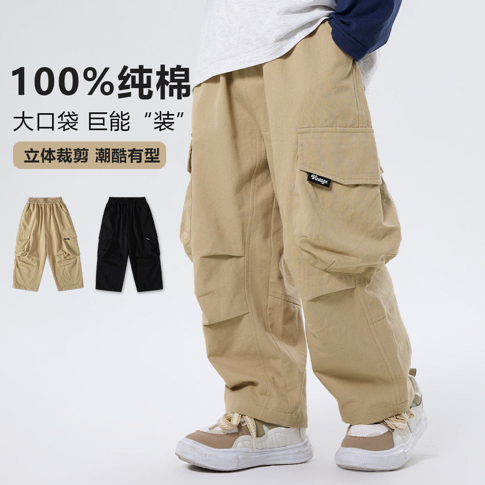 Boys Cotton Cargo Pants Loose Fit Straight Leg Trousers