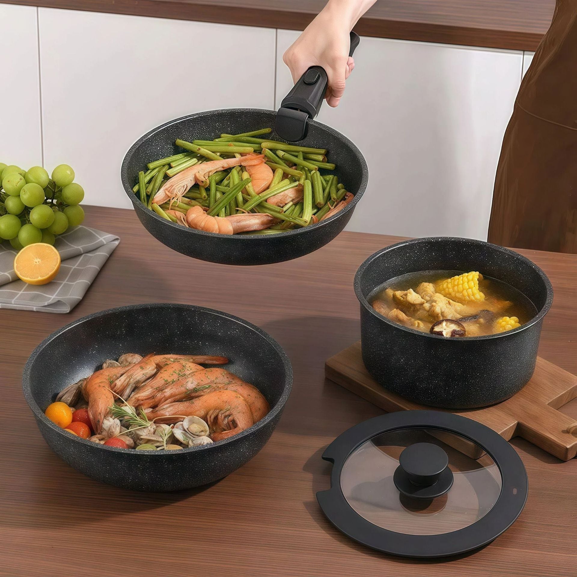 Detachable stacking Maifan Stone Stackable Non-Stick Pot Set with Detachable Handle