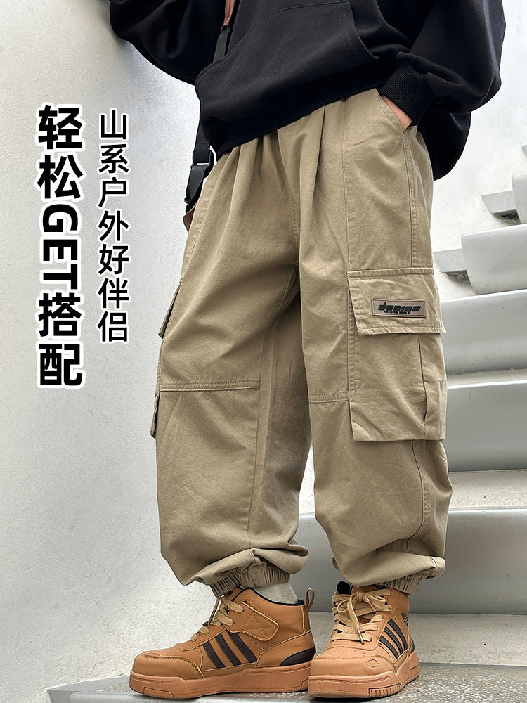 Boys Cotton Cargo Pants Loose Fit Utility Pocket Trousers