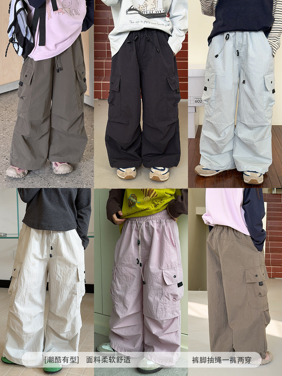 Kids Cotton Blend Cargo Pants Loose Fit Casual Trousers