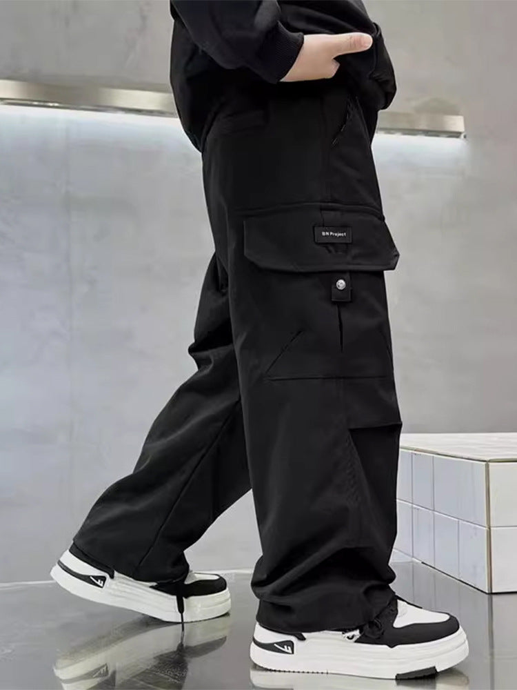 Boys Cotton Cargo Pants Wide Leg Casual Jogger Trousers