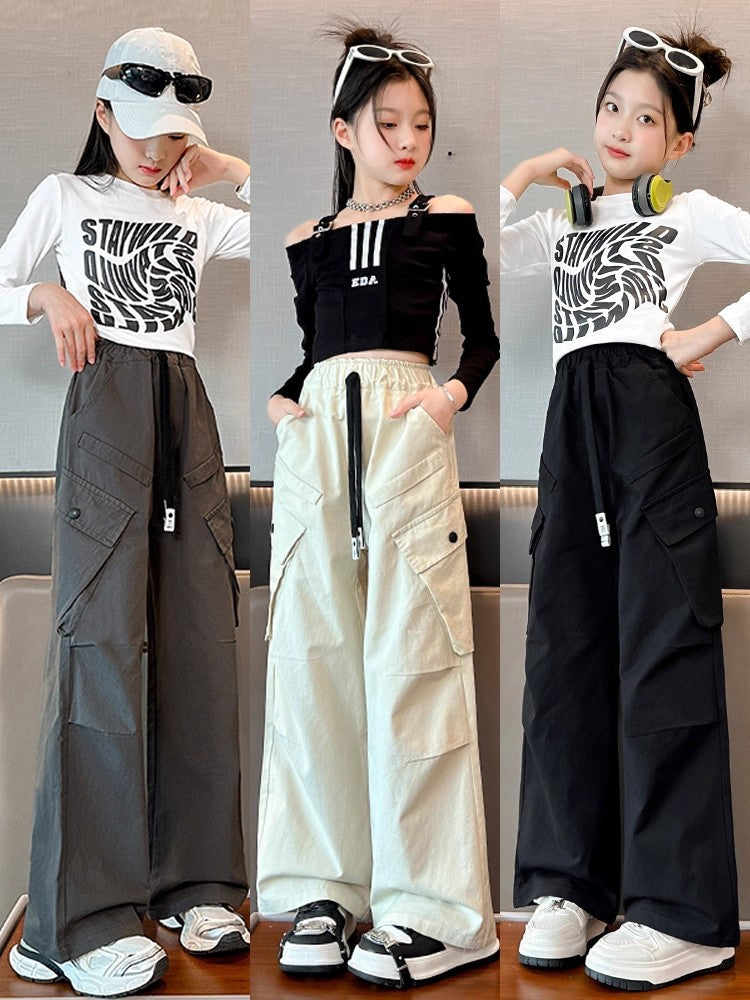 Girls Cotton Cargo Pants Wide Leg High Waist Trousers