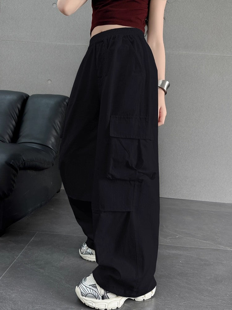 Girls Washed Cotton Cargo Pants Wide Leg Casual Trousers