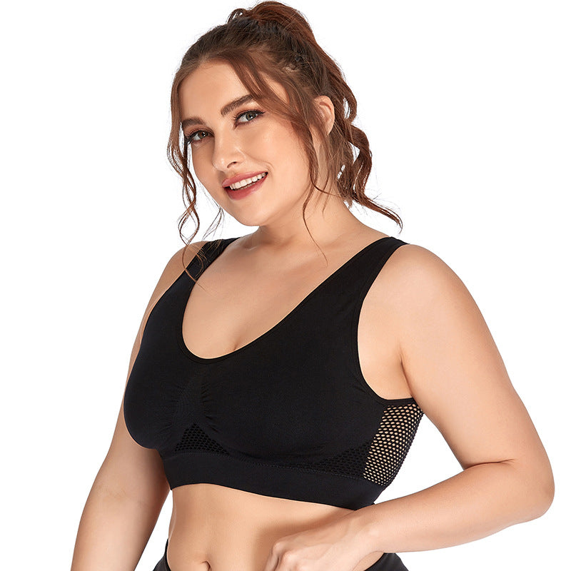 White Plus Size Mesh Sports Bra Wireless Shockproof Yoga Running