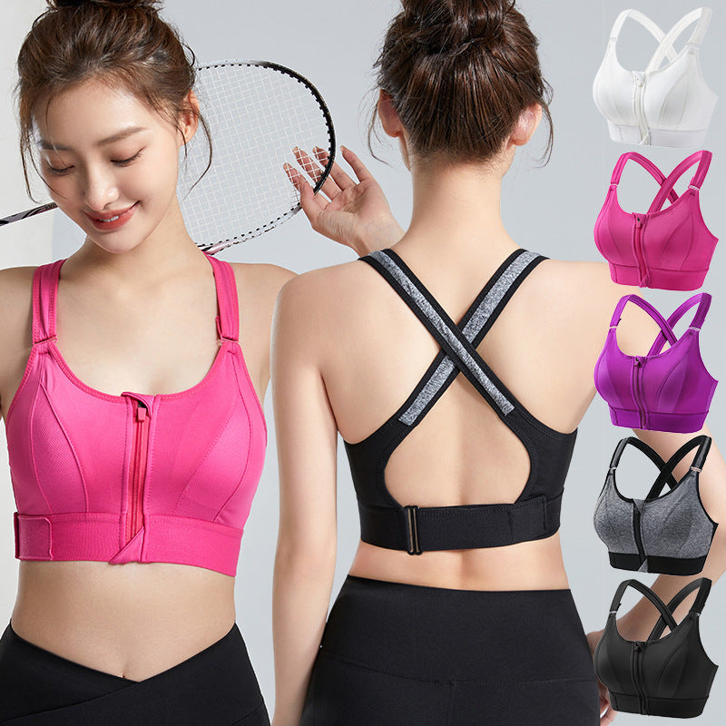 Front Zipper Shockproof Sports Bra with Cross Back Support