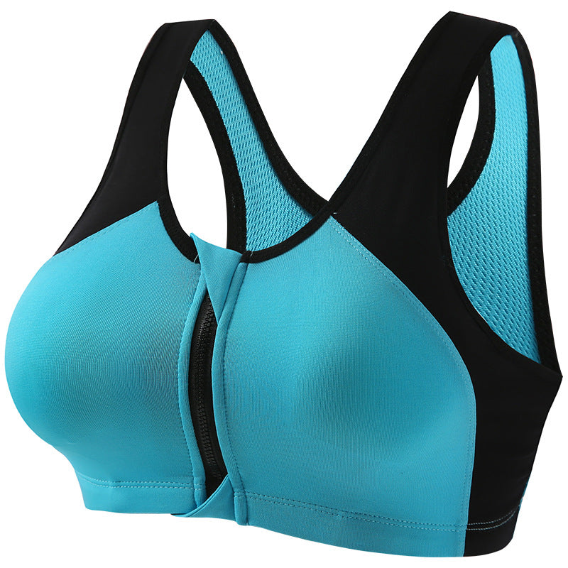 Black Front Zipper Push Up Sports Bra High Support Shockproof