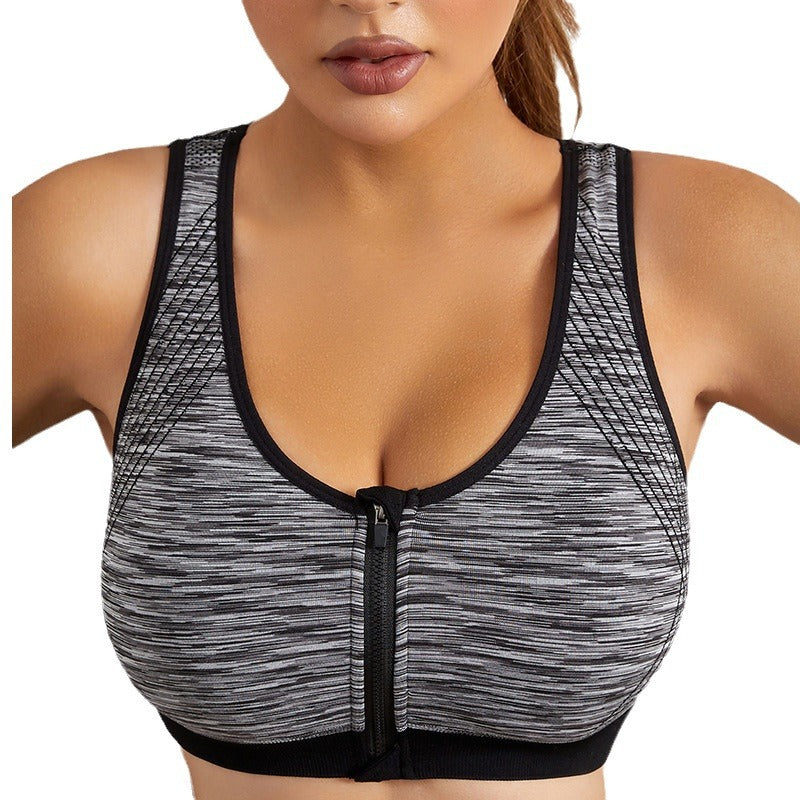 Black gray Zipper Front Wireless Sports Bra with Cushioned Support