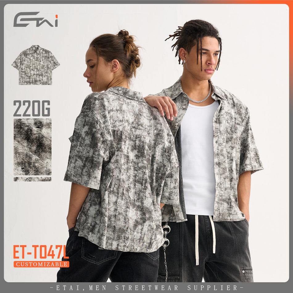 Etai Men's Summer Trendy Batik Distressed Short-Sleeved Shirt