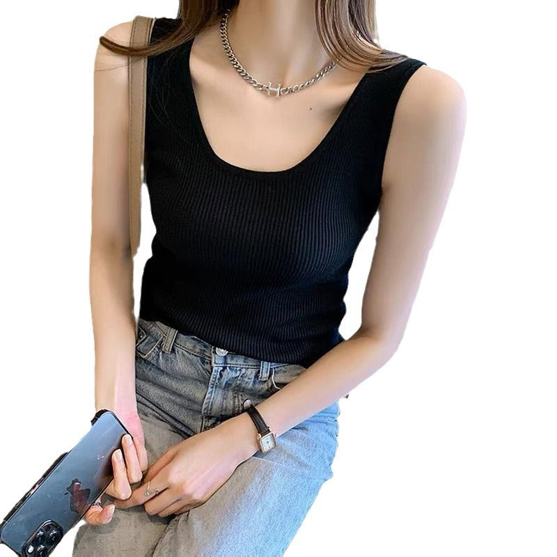 222 # Black Women's Ice Silk Ribbed Sleeveless Camisole Top