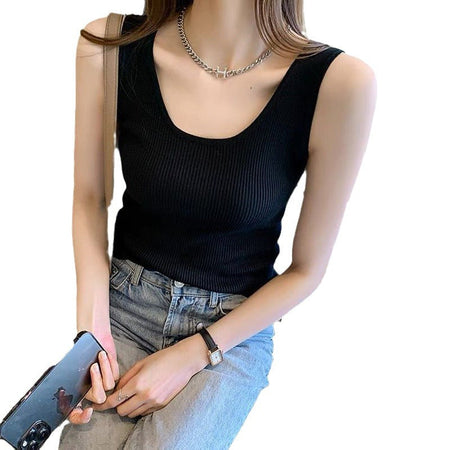 222 # Black Women's Ice Silk Ribbed Sleeveless Camisole Top