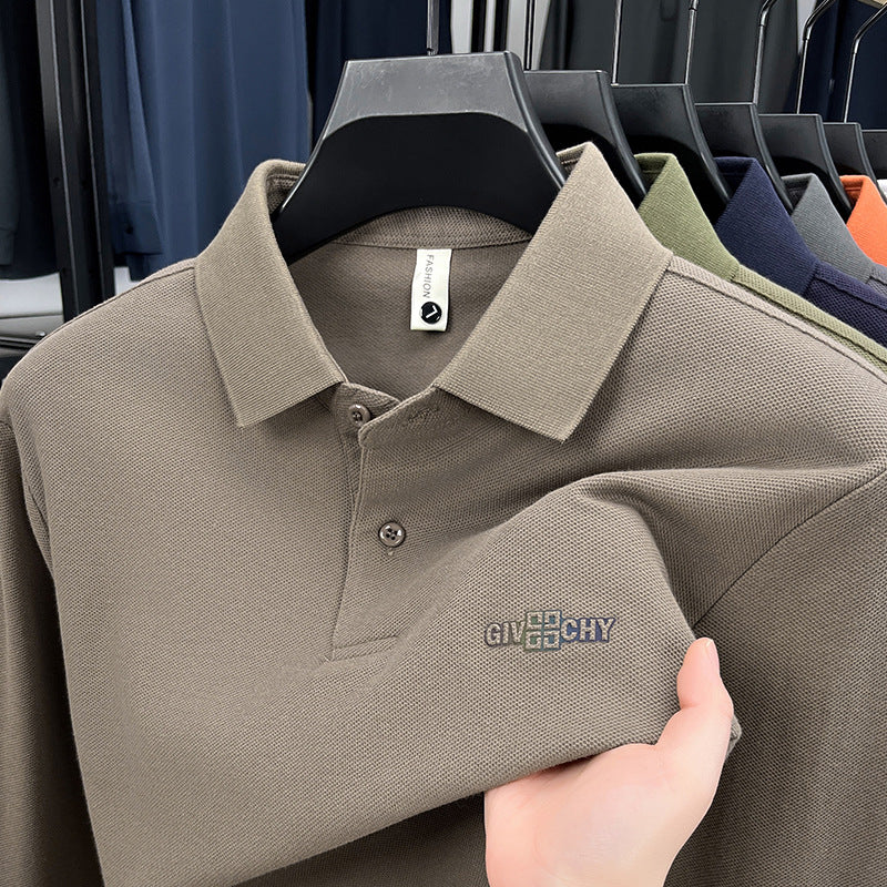 Coffee Men's Pure Cotton Long Sleeve Polo Shirt Breathable Comfort