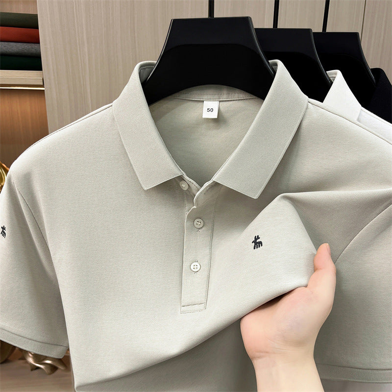 Beige Men's Cotton Blend Embroidered Polo Shirt Cooling Comfort
