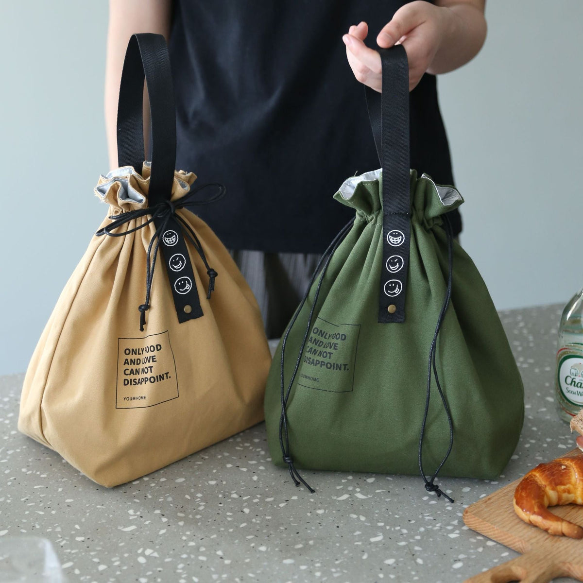 Army green Premium Nordic Simple Insulated Canvas Lunch Bag with Instagram Loop Letter Ribbon