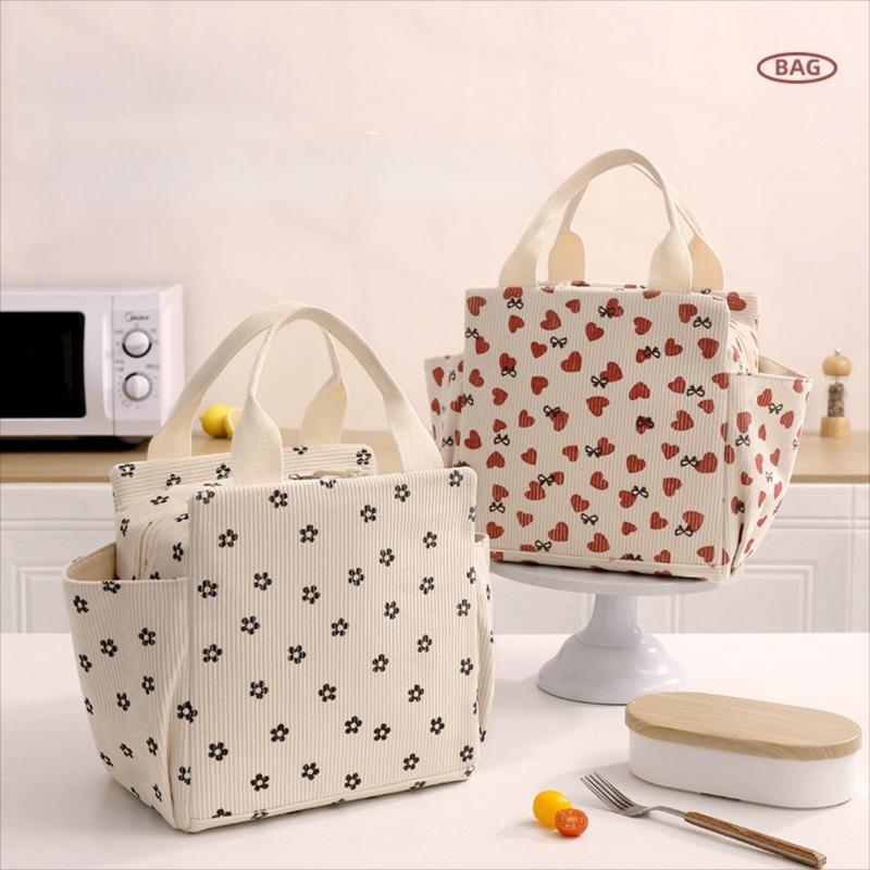 Beige Premium Runhui Corduroy Square Insulated Meal Bag & Portable Travel Ice Bag