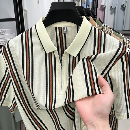 White Men's Half-Zip Striped Polo Shirt Breathable Summer Comfort