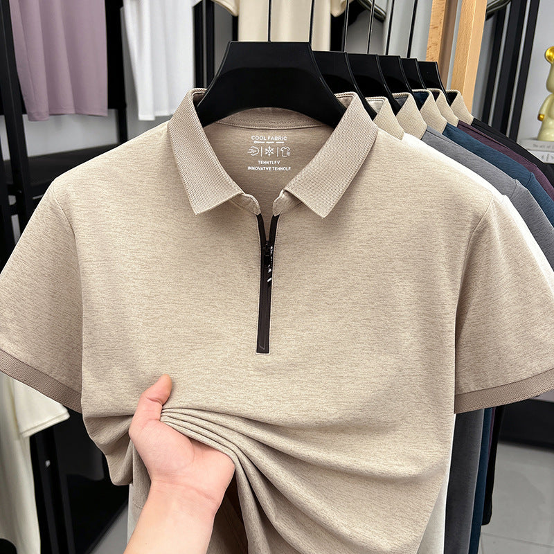 Beige Men's Half-Zip Polo Shirt Breathable Cooling Casual Comfort