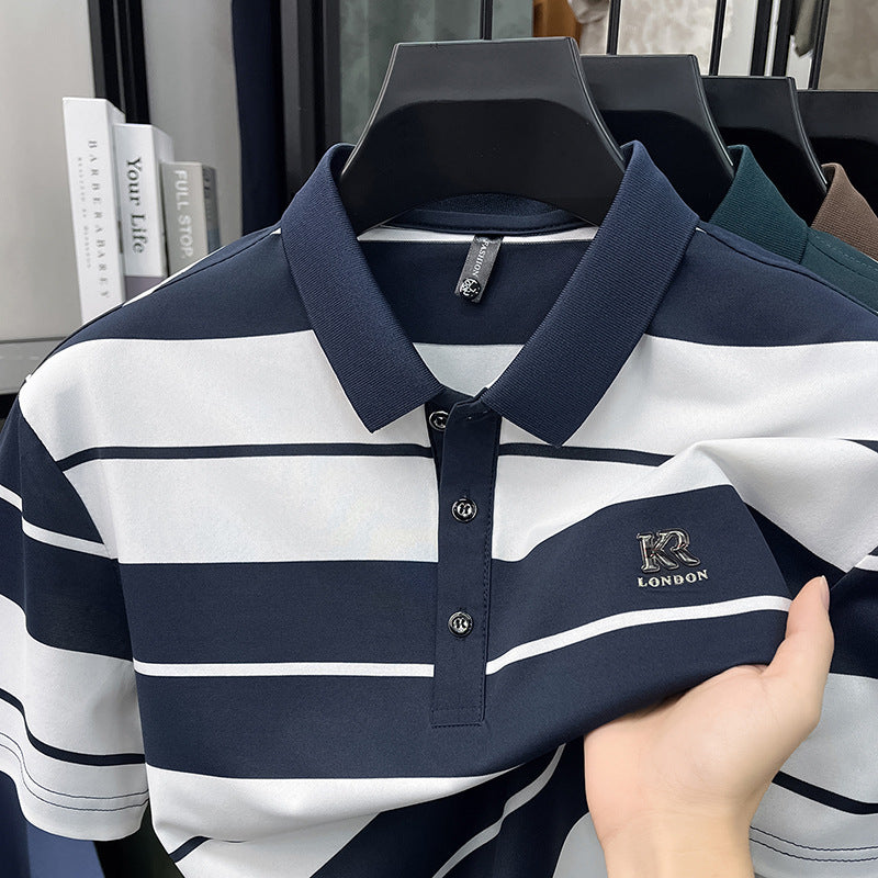 Men's Striped Ice Silk Polo Shirt Breathable Summer Comfort