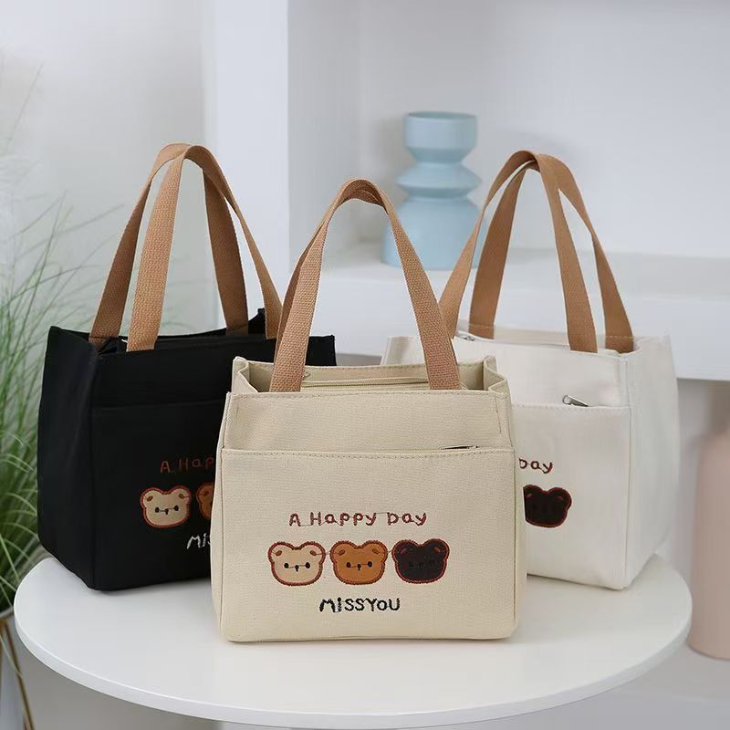 Embroidered three Premium Cartoon Bear Embroidered Canvas Tote Bag & Thickened Insulated Lunch Box