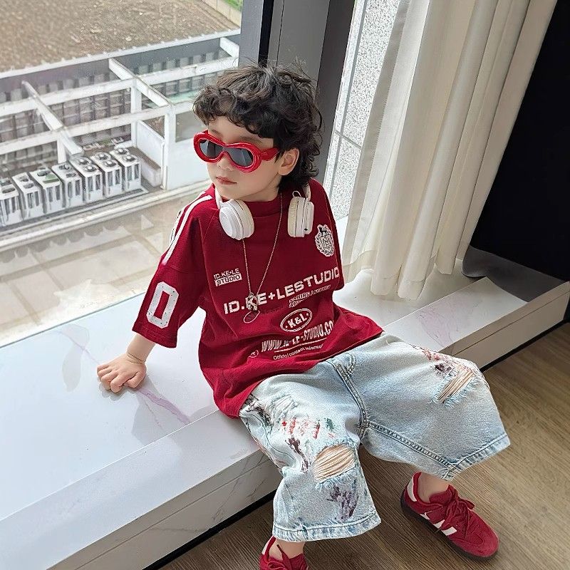 Kids Cotton Red Short Sleeve T-Shirt Street Style Top