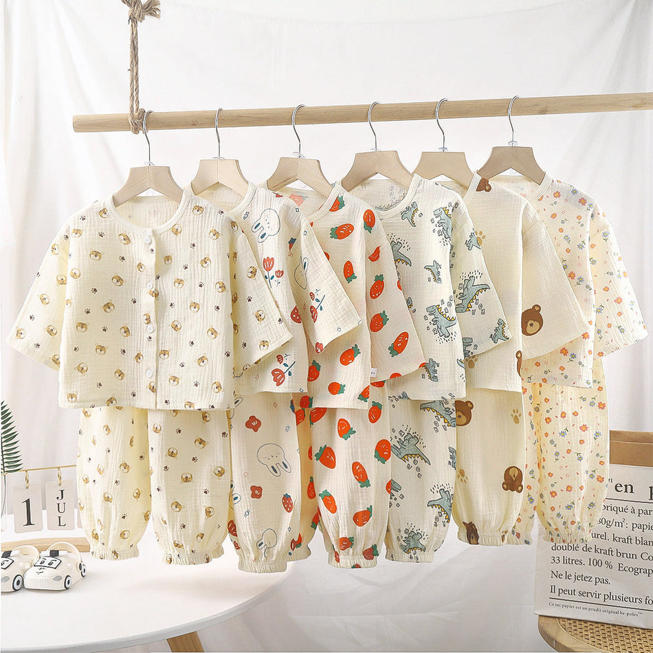 Kids Double Layer Cotton Gauze Pajama Set Long Sleeve