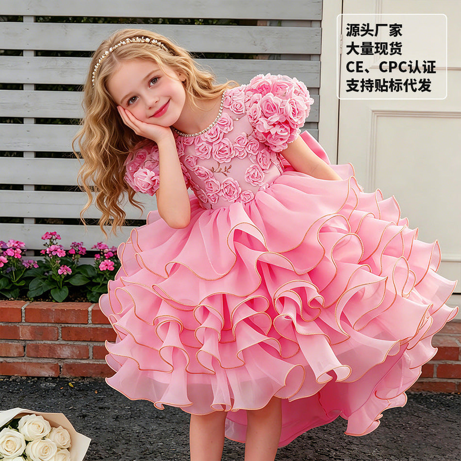 Kids Embroidered Puff Sleeve Princess Party Dress Skirt