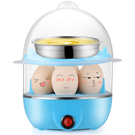 Pink double Premium Mini Double-Layer Household Egg Steamer & Light Blue Stainless Steel Breakfast Machine