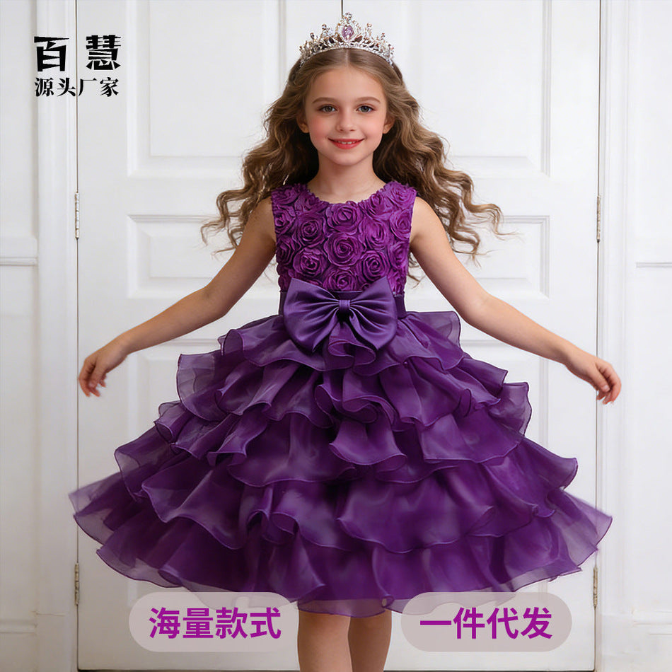 Kids Rose Flower Girl Wedding Princess Dress Elegant Gown