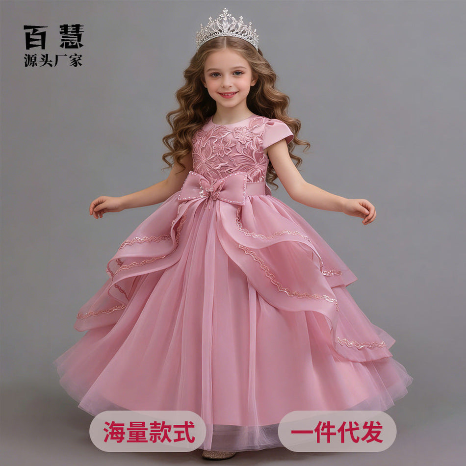Kids Asymmetrical Mesh Princess Dress Performance Gown