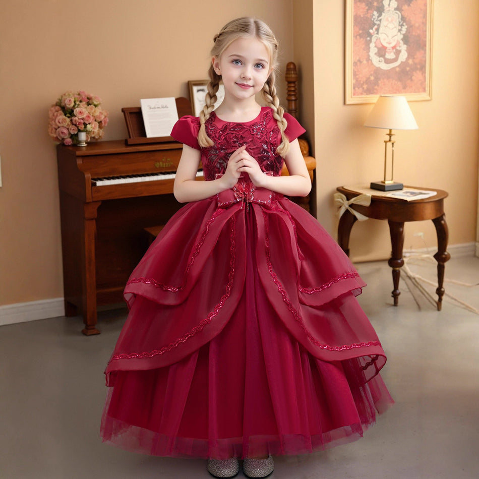 Kids Asymmetrical Mesh Princess Dress Performance Gown