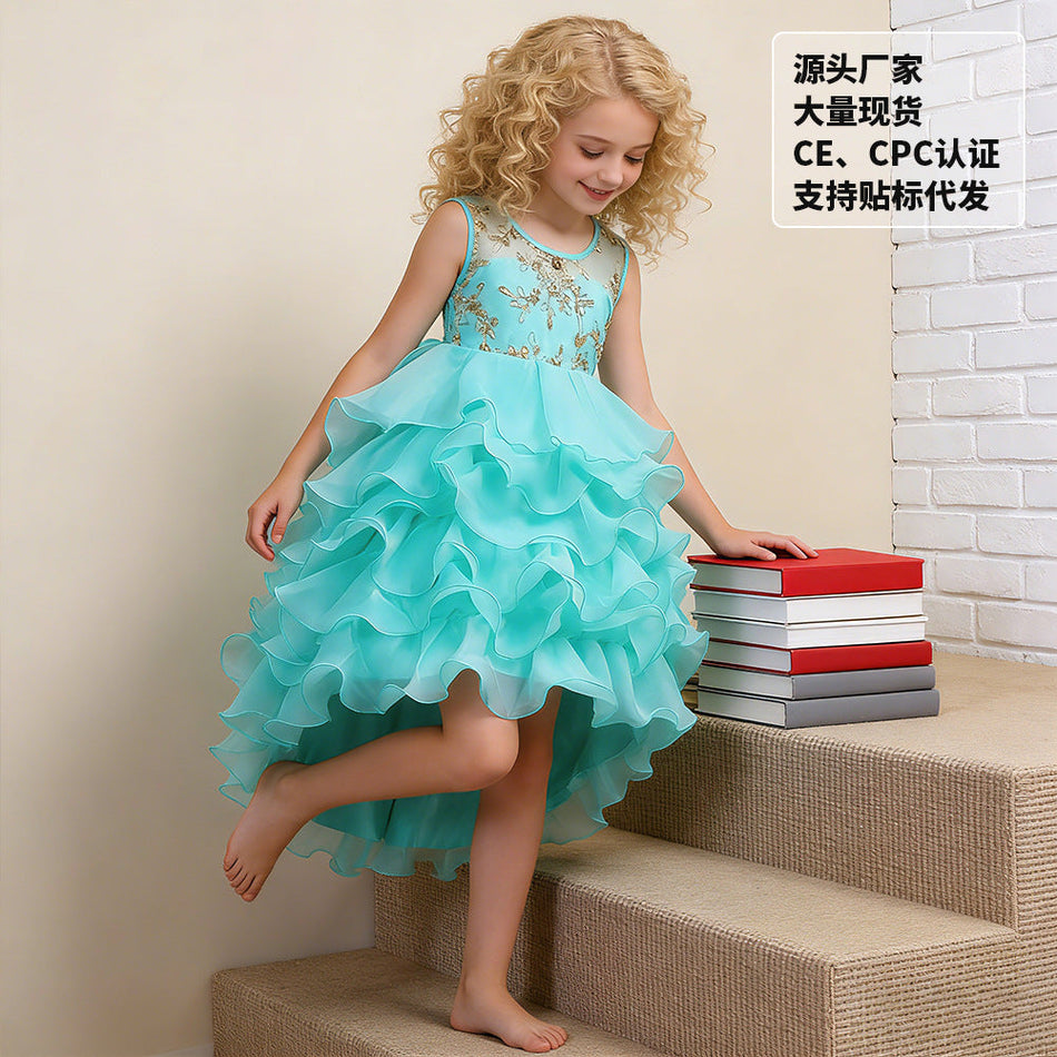 Kids Cake Puff Princess Performance Dress with Tail Gown