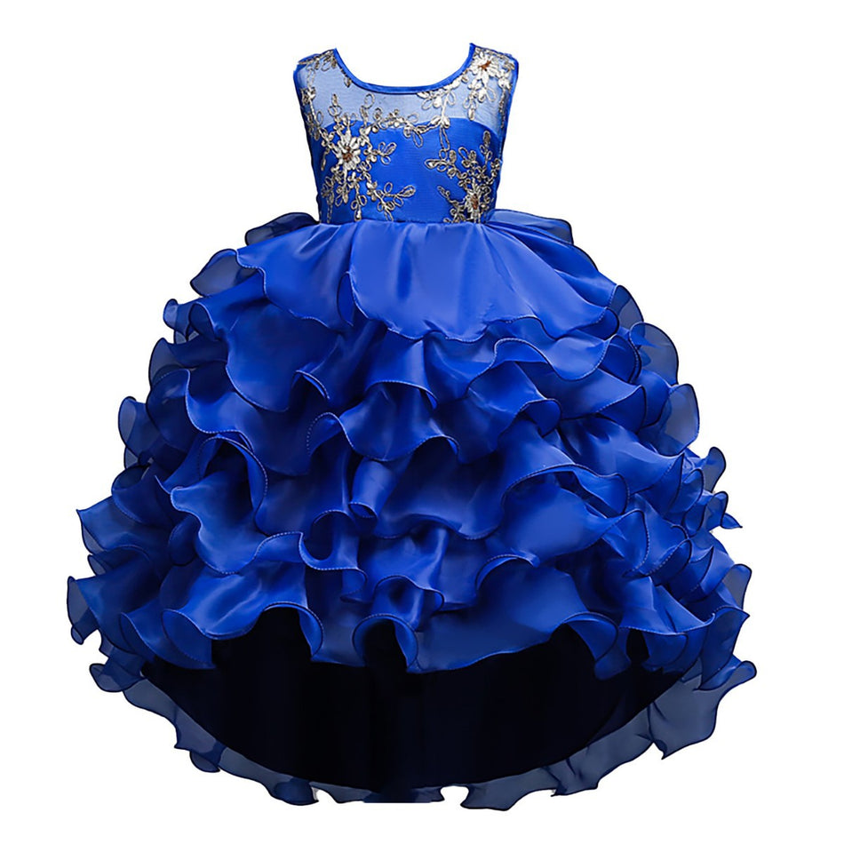 Kids Cake Puff Princess Performance Dress with Tail Gown