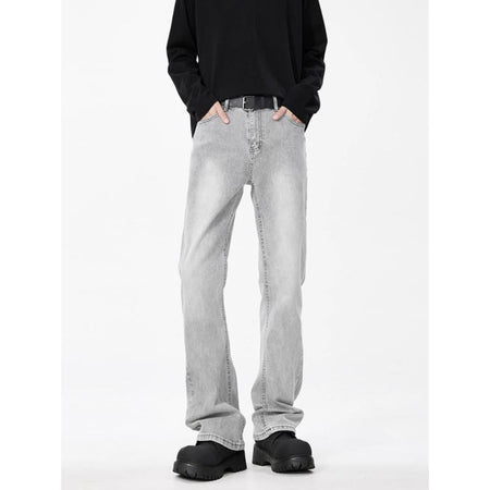 Gray Men's Vintage Washed Straight-Leg Jeans High-Waist Casual Fit