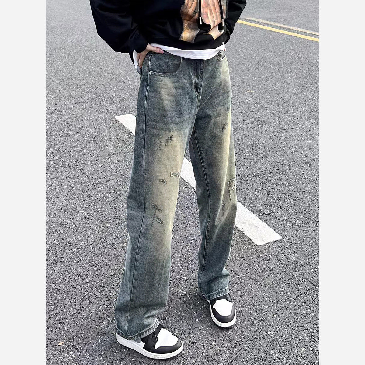 Blue Men's Retro Wide-Leg Straight Denim Jeans