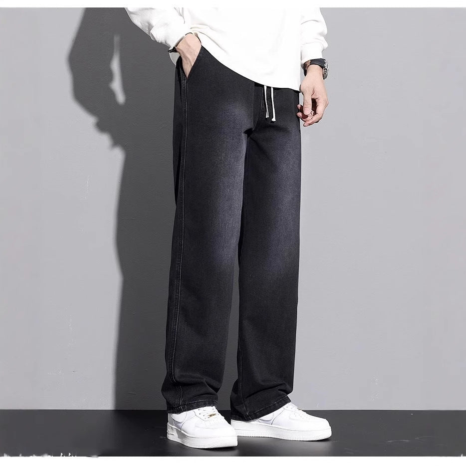 Black Gray Men's Washed Wide-Leg Straight Jeans High-Waist Casual Pants