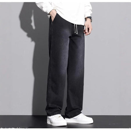 Black Gray Men's Washed Wide-Leg Straight Jeans High-Waist Casual Pants