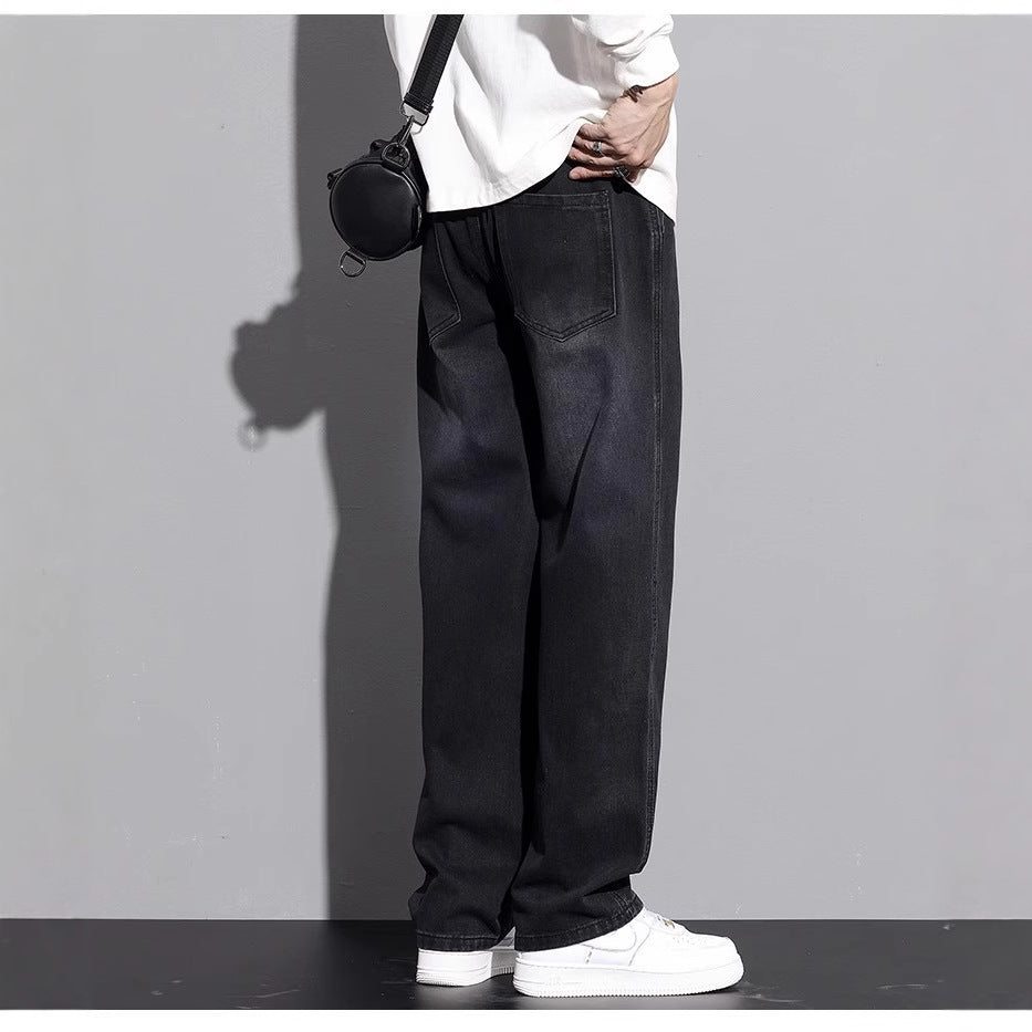 Men's Washed Wide-Leg Straight Jeans High-Waist Casual Pants