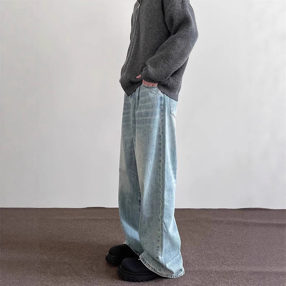 Men's Light Blue Loose Straight-Leg Denim Pants