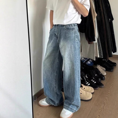 Retro Blue Retro Washed Straight-Leg Jeans Unisex Casual Denim Pants