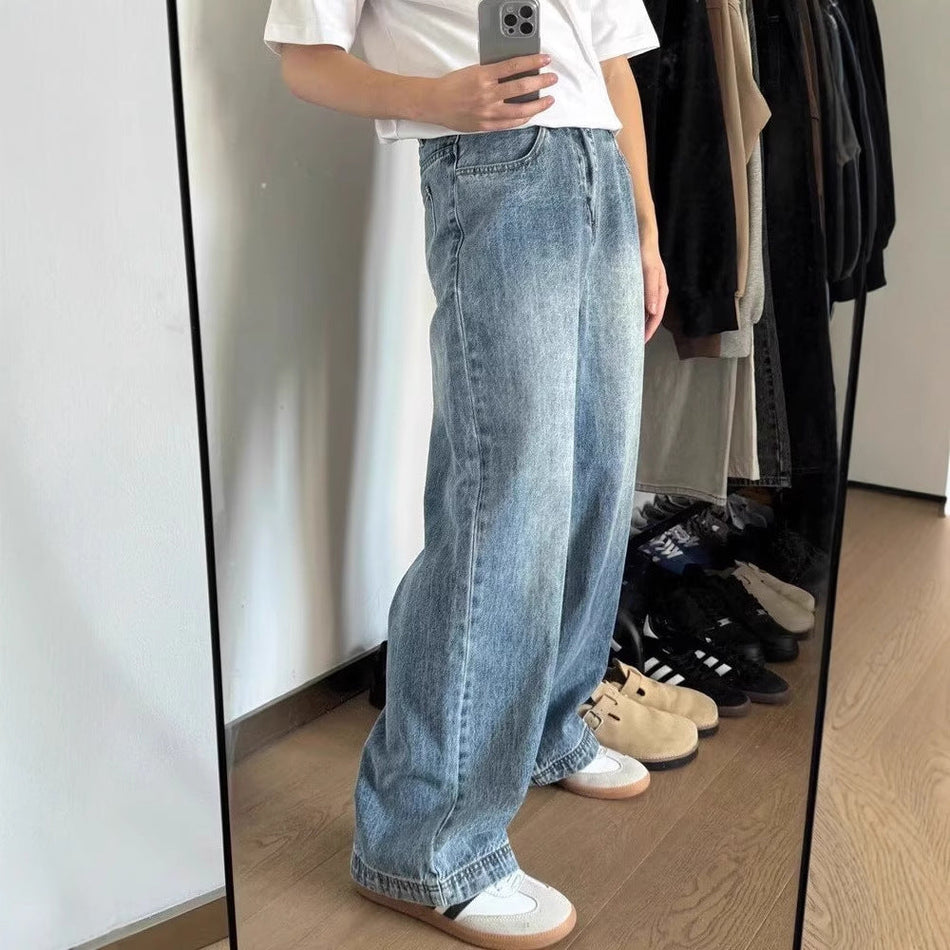Retro Washed Straight-Leg Jeans Unisex Casual Denim Pants