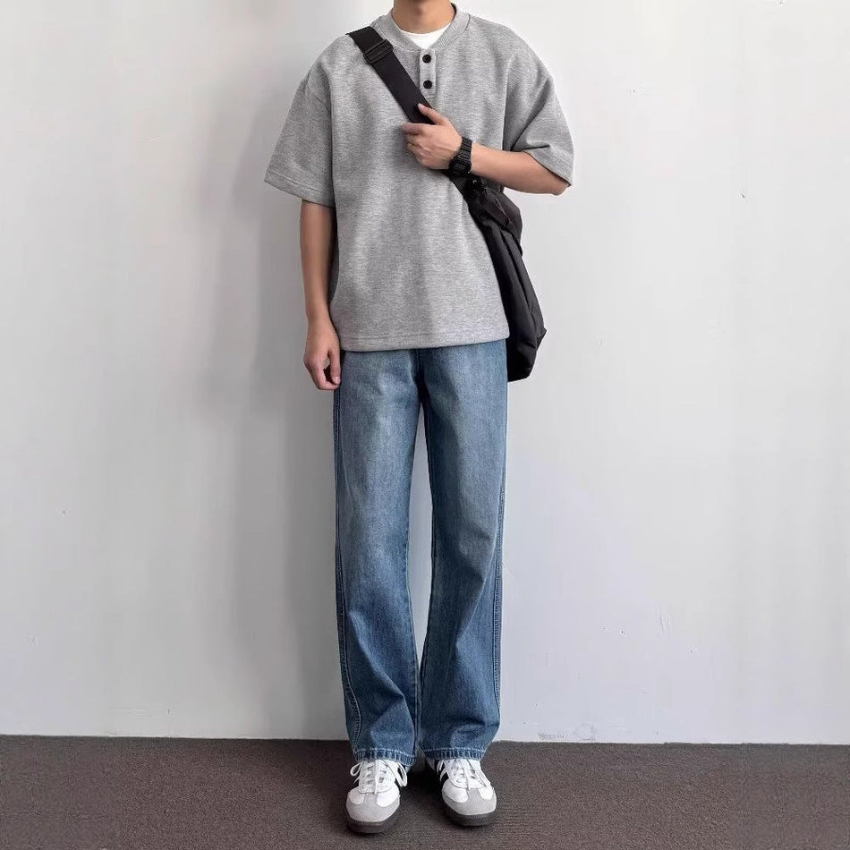 Retro Blue Wide-Leg Straight Jeans Casual Denim Pants
