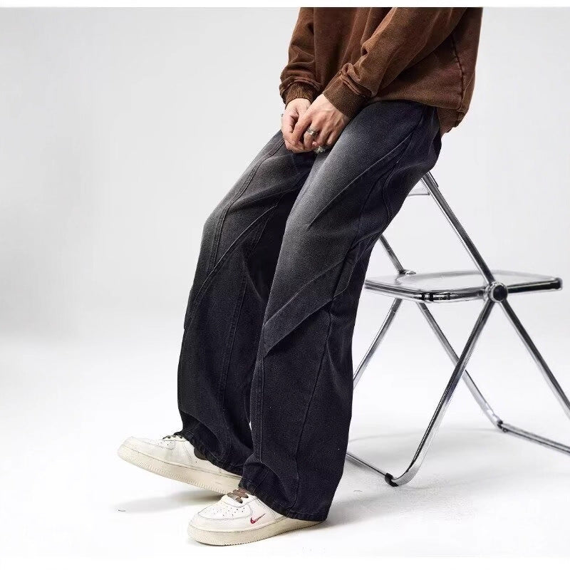 Retro Blue Men's Deconstructed Wide-Leg Straight Jeans Casual Denim Pants
