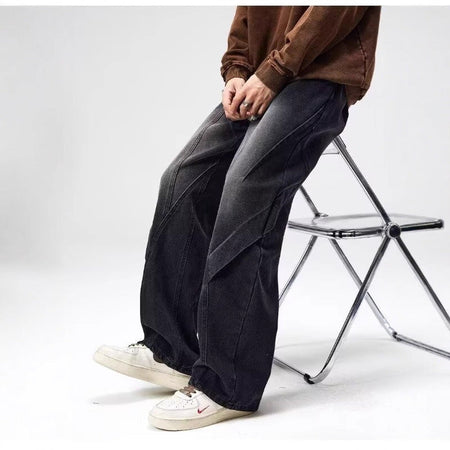 Retro Blue Men's Deconstructed Wide-Leg Straight Jeans Casual Denim Pants